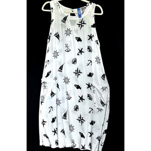Midi Dress Cover Up Nautical Coastal Beachy Pockets White Black SZ M READ